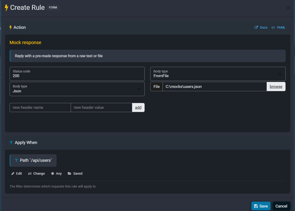 Fluxzy Mock response rule serving its body from the file C:\mocks\users.json