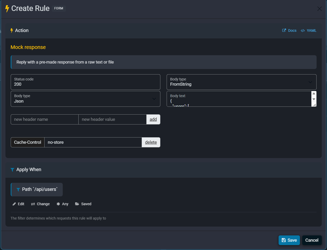 Fluxzy Mock response rule editor returning a JSON body for the /api/users path