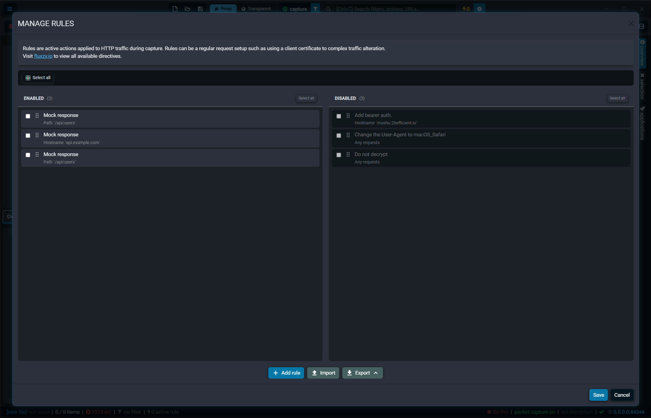 Fluxzy Manage Rules dialog listing three Mock response rules in the enabled column