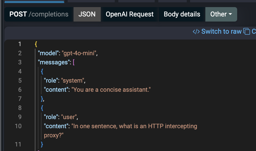 OpenAI chat completion request body shown as JSON in Fluxzy
