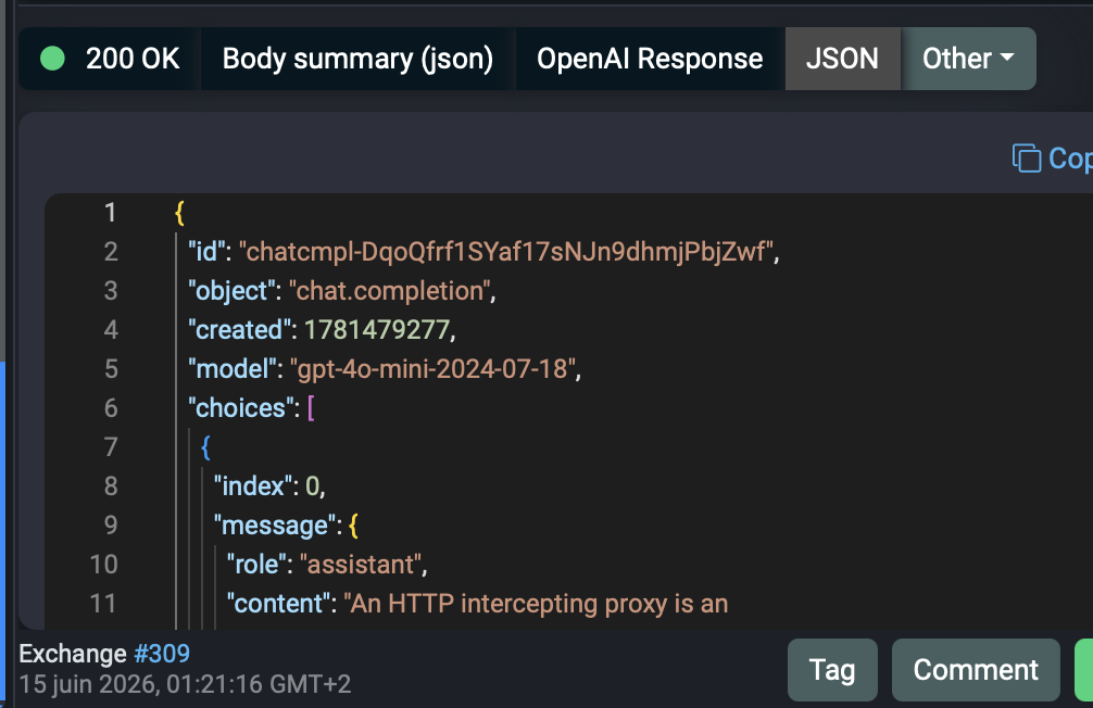 OpenAI chat completion response body shown as JSON in Fluxzy