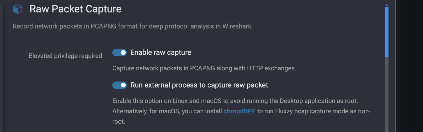 Raw Packet Capture settings: Enable raw capture and Run external process to capture raw packet, both on