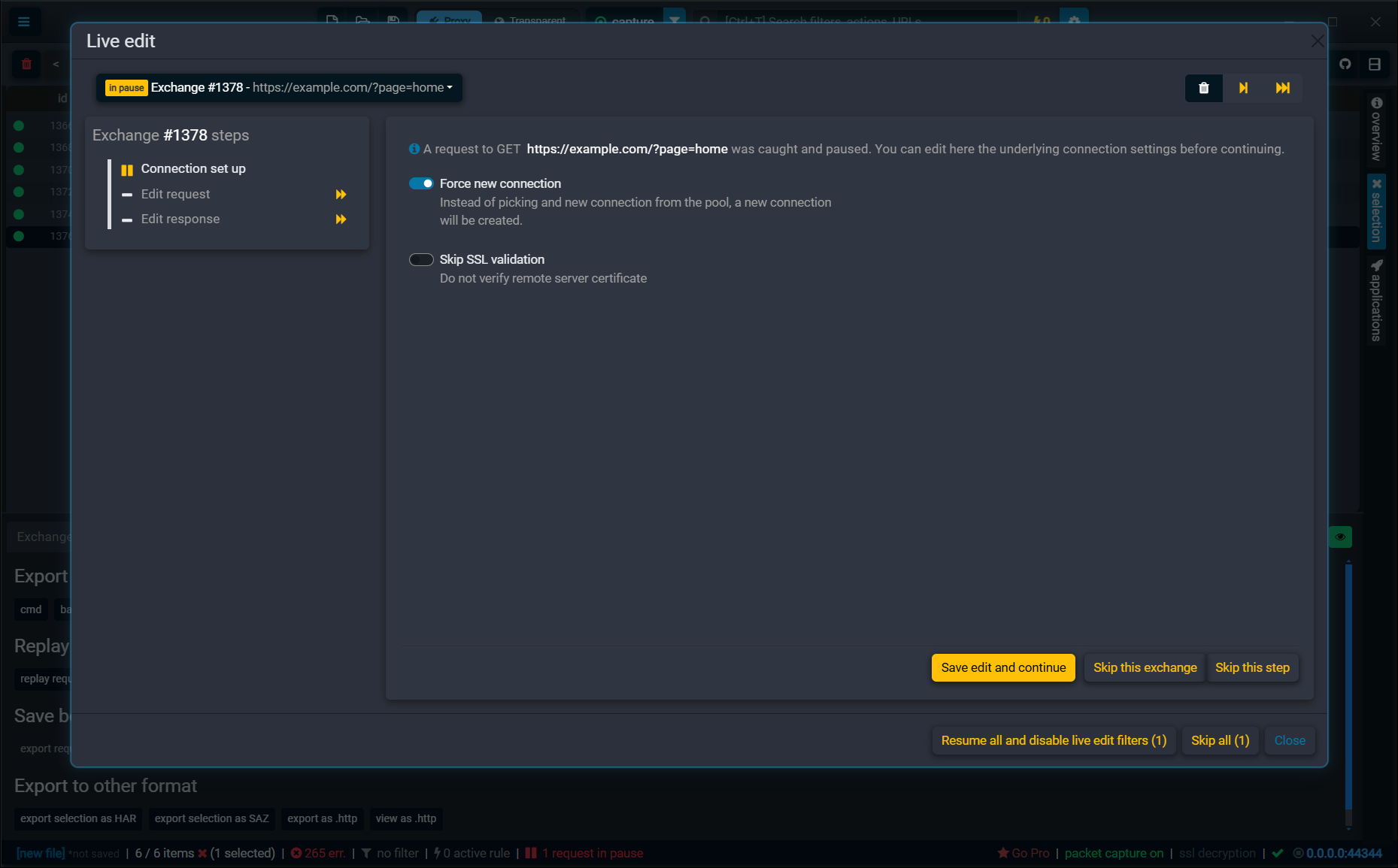 The Live edit window showing the replayed request paused, with Connection set up, Edit request and Edit response steps