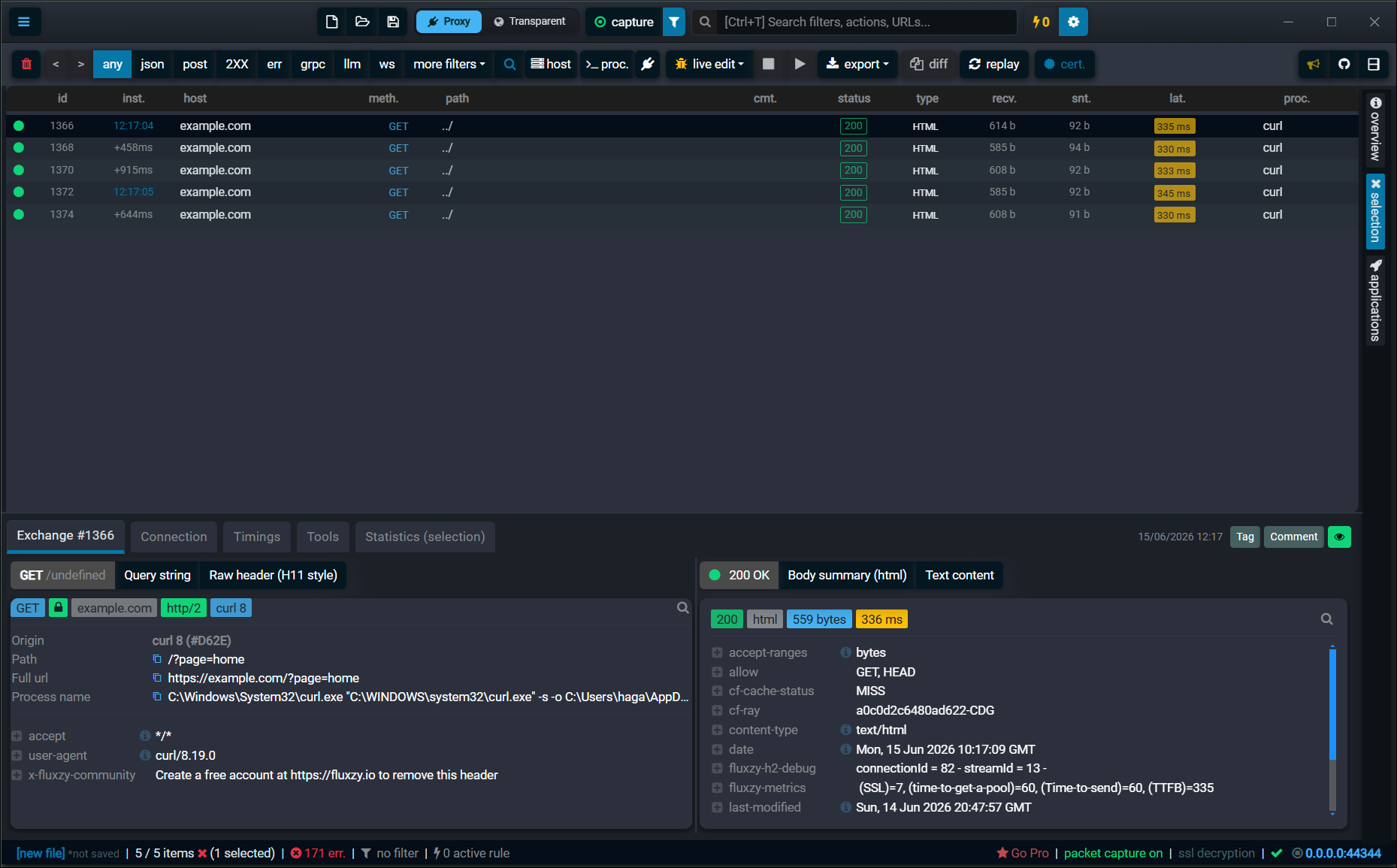 Fluxzy Desktop with a captured request selected and the replay button in the toolbar