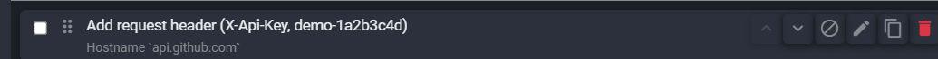 Fluxzy rule card showing move up, move down, disable, edit, duplicate and delete controls on hover