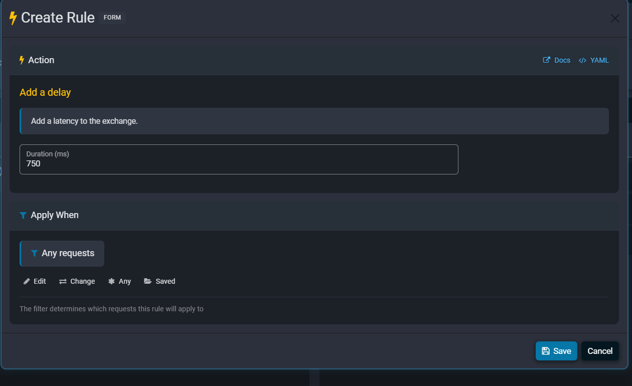 Fluxzy rule that adds a 750 millisecond delay applied to any request