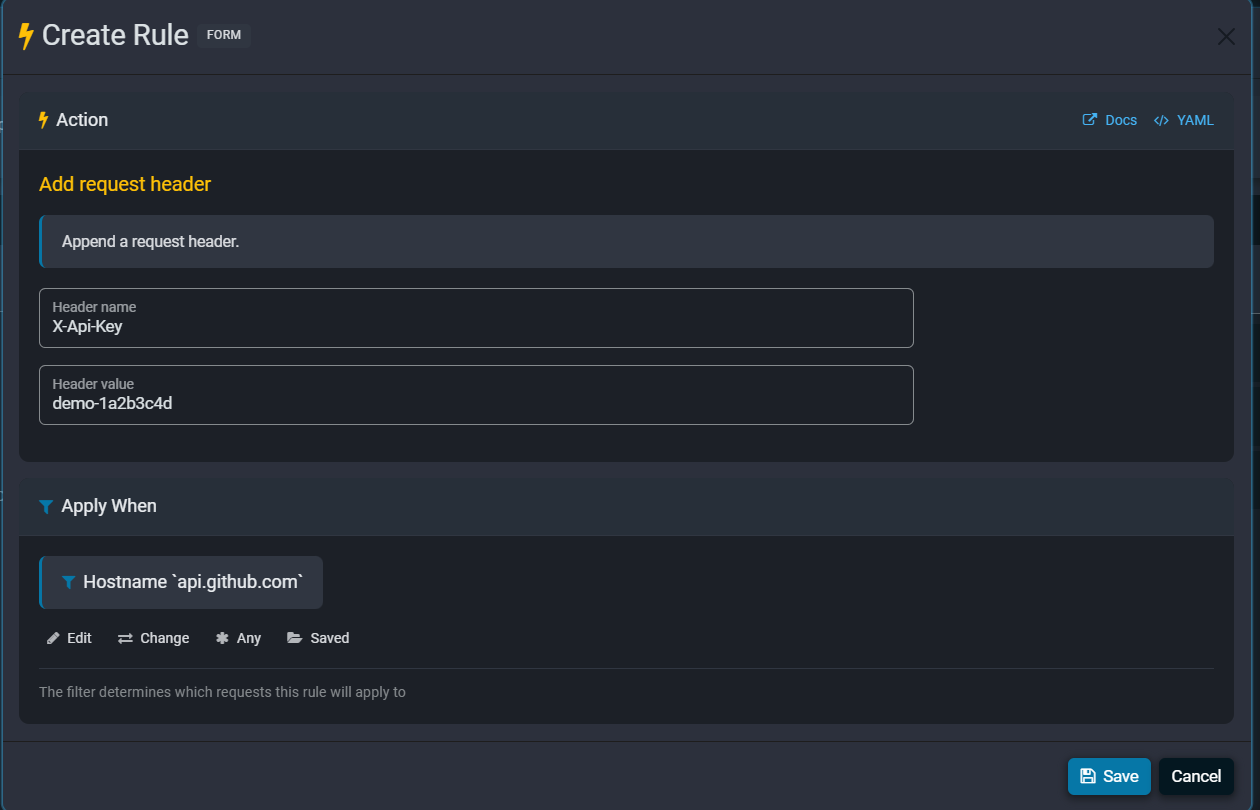Fluxzy Create Rule editor showing the Action section with header fields and the Apply When section
