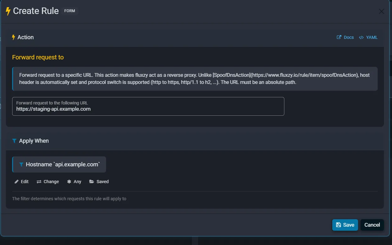 Fluxzy rule that forwards requests for api.example.com to a staging server URL