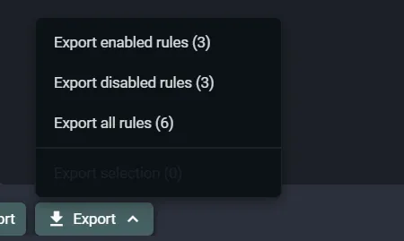 Fluxzy Export menu with options to export enabled, disabled, all, or selected rules