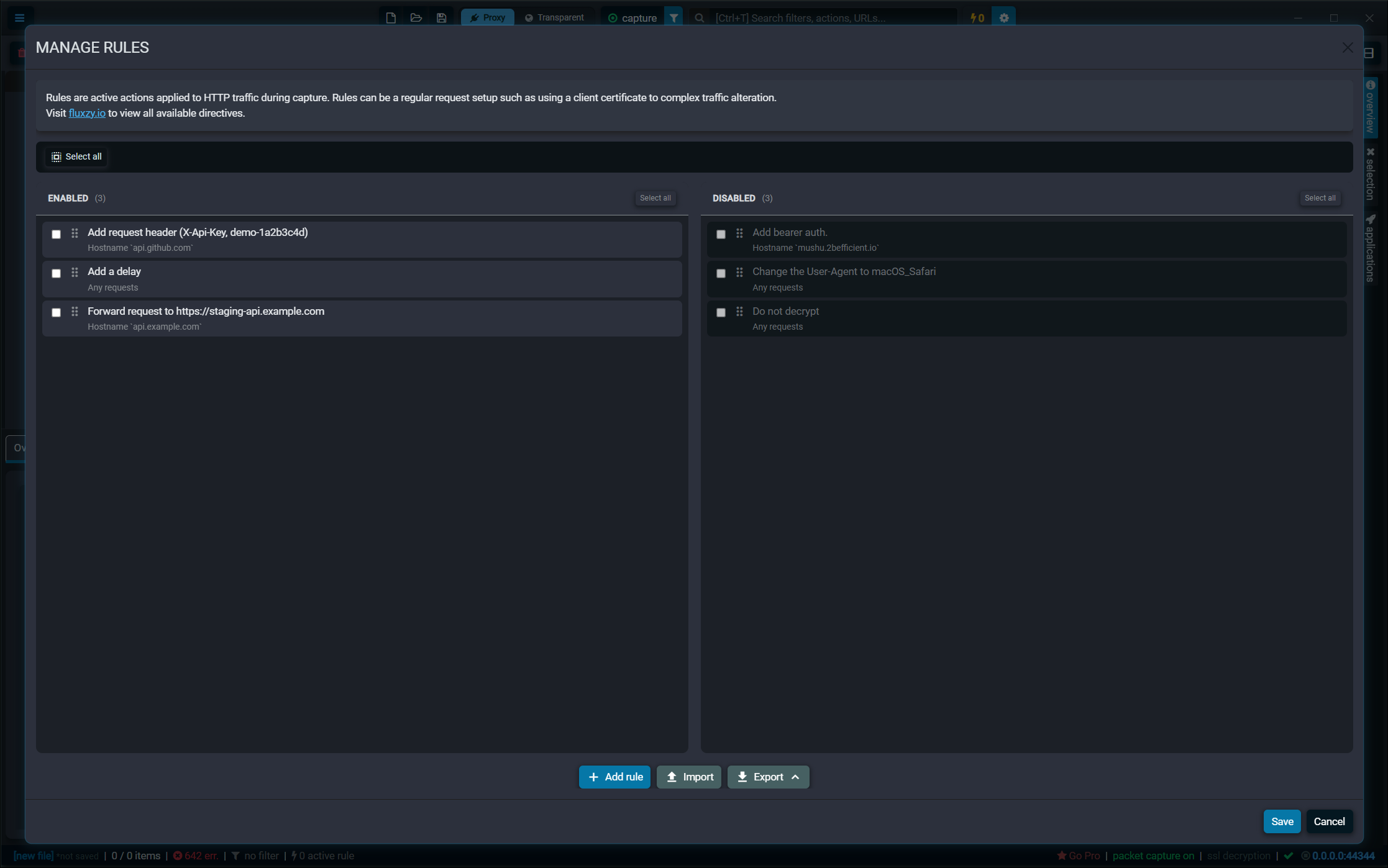 Fluxzy Manage Rules dialog with enabled and disabled rules in two columns