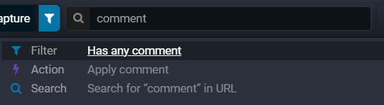 Fluxzy Search Everywhere palette showing a filter, an action and a URL search result for the query "comment"