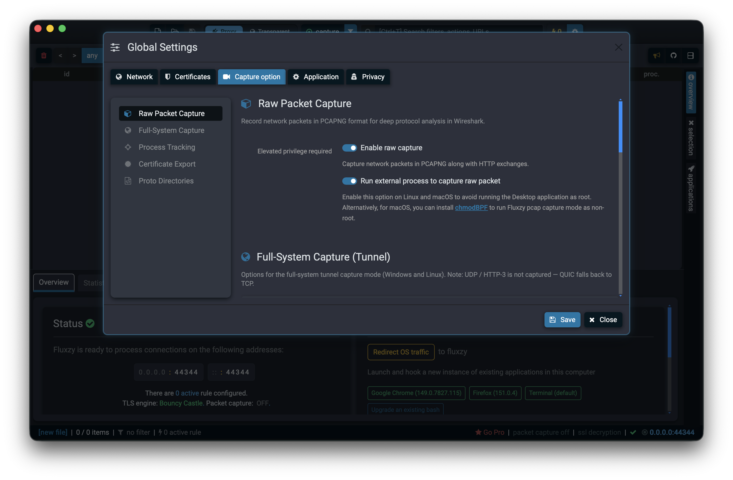 Fluxzy Global Settings on the Capture option tab, showing the Raw Packet Capture section