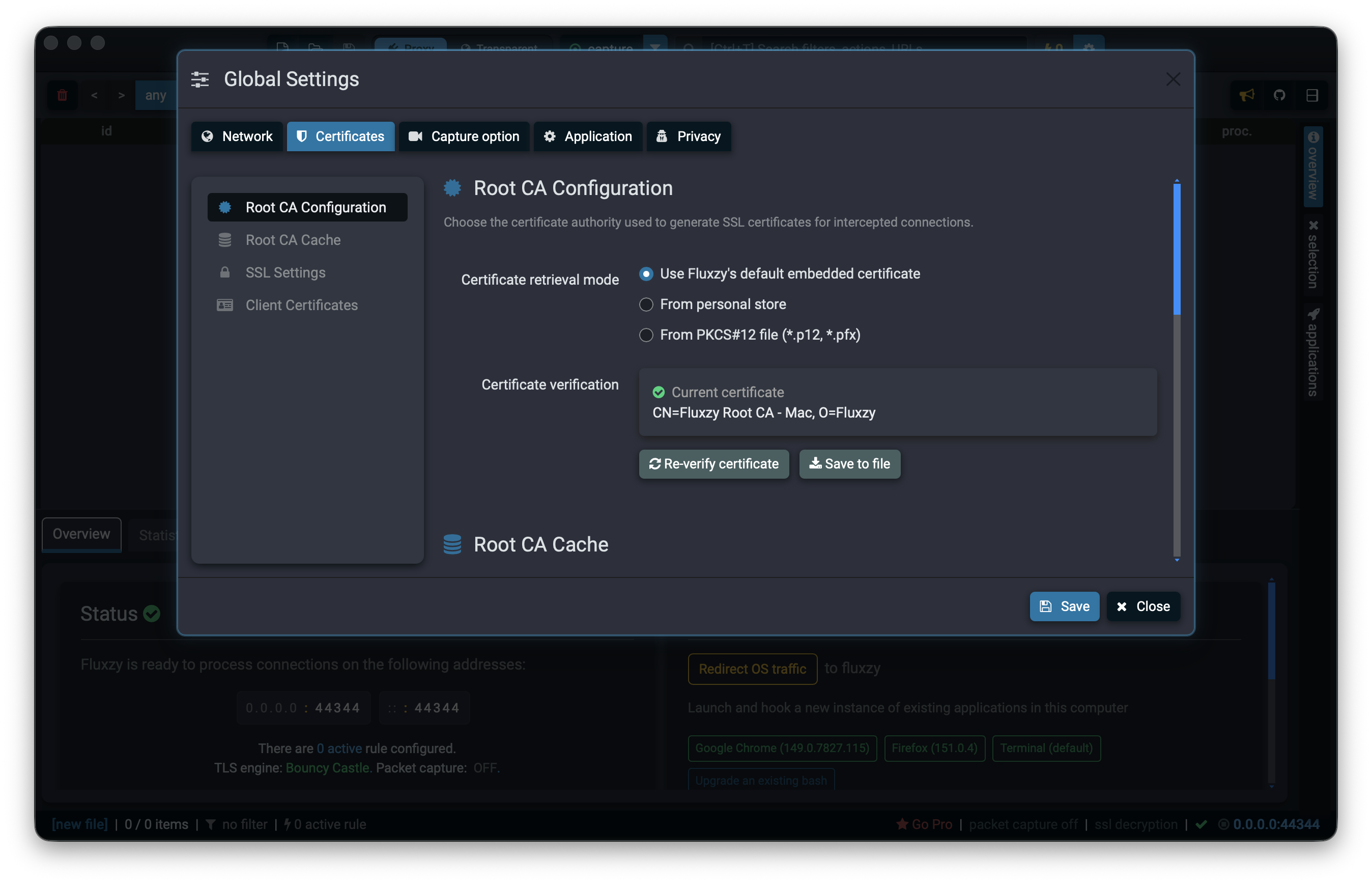 Fluxzy Global Settings: Certificates tab
