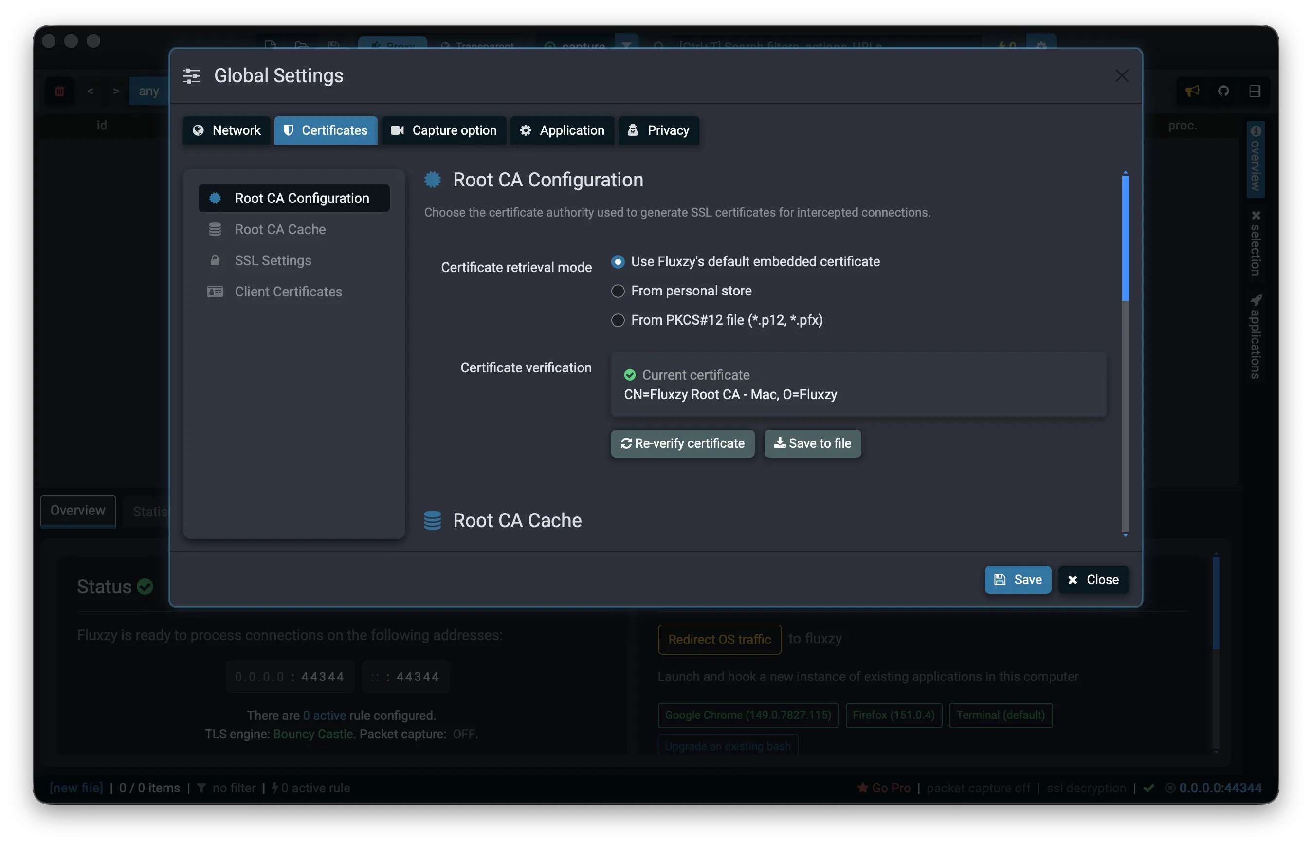 Fluxzy Global Settings: Certificates tab