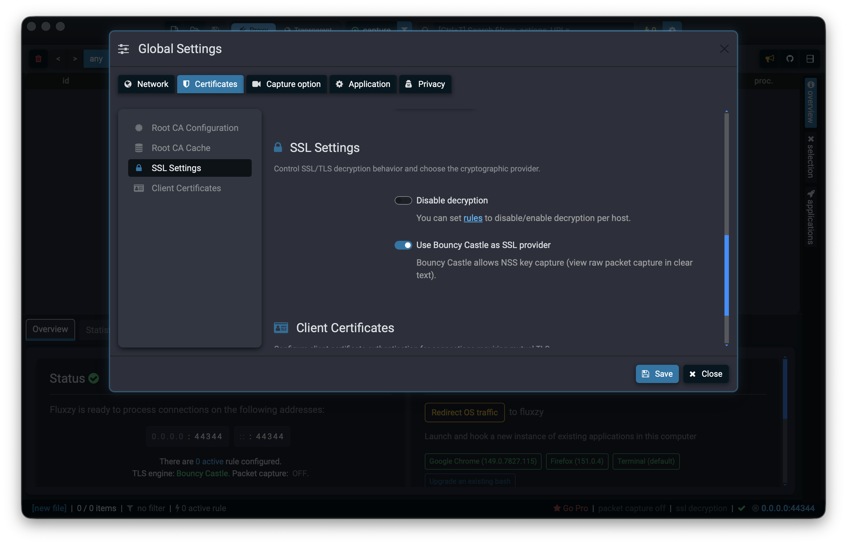 Fluxzy Global Settings, SSL Settings section