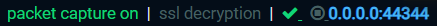 Fluxzy status bar showing SSL decryption active and the certificate trusted