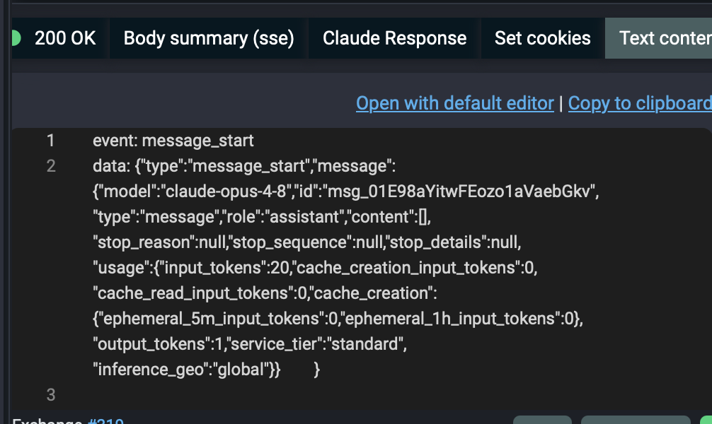 Streaming Server-Sent Events response shown in Fluxzy