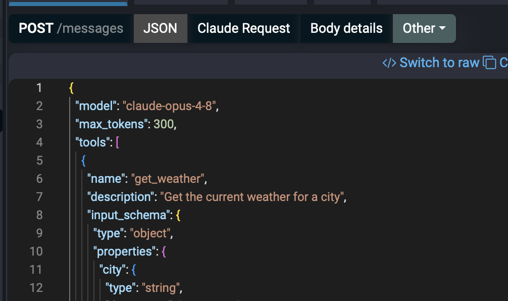Anthropic request defining a get_weather tool