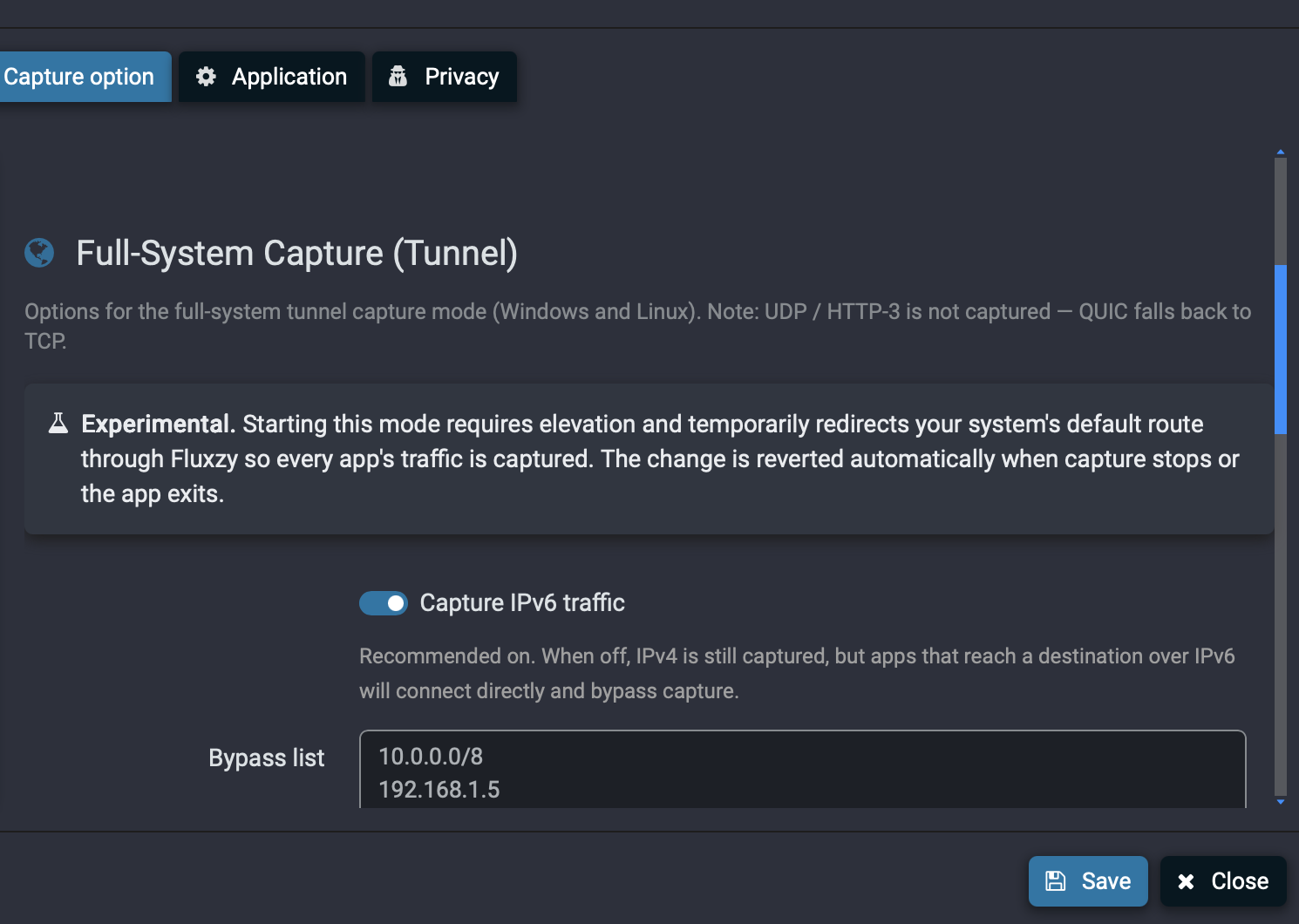 Fluxzy Full-System Capture (Tunnel) settings