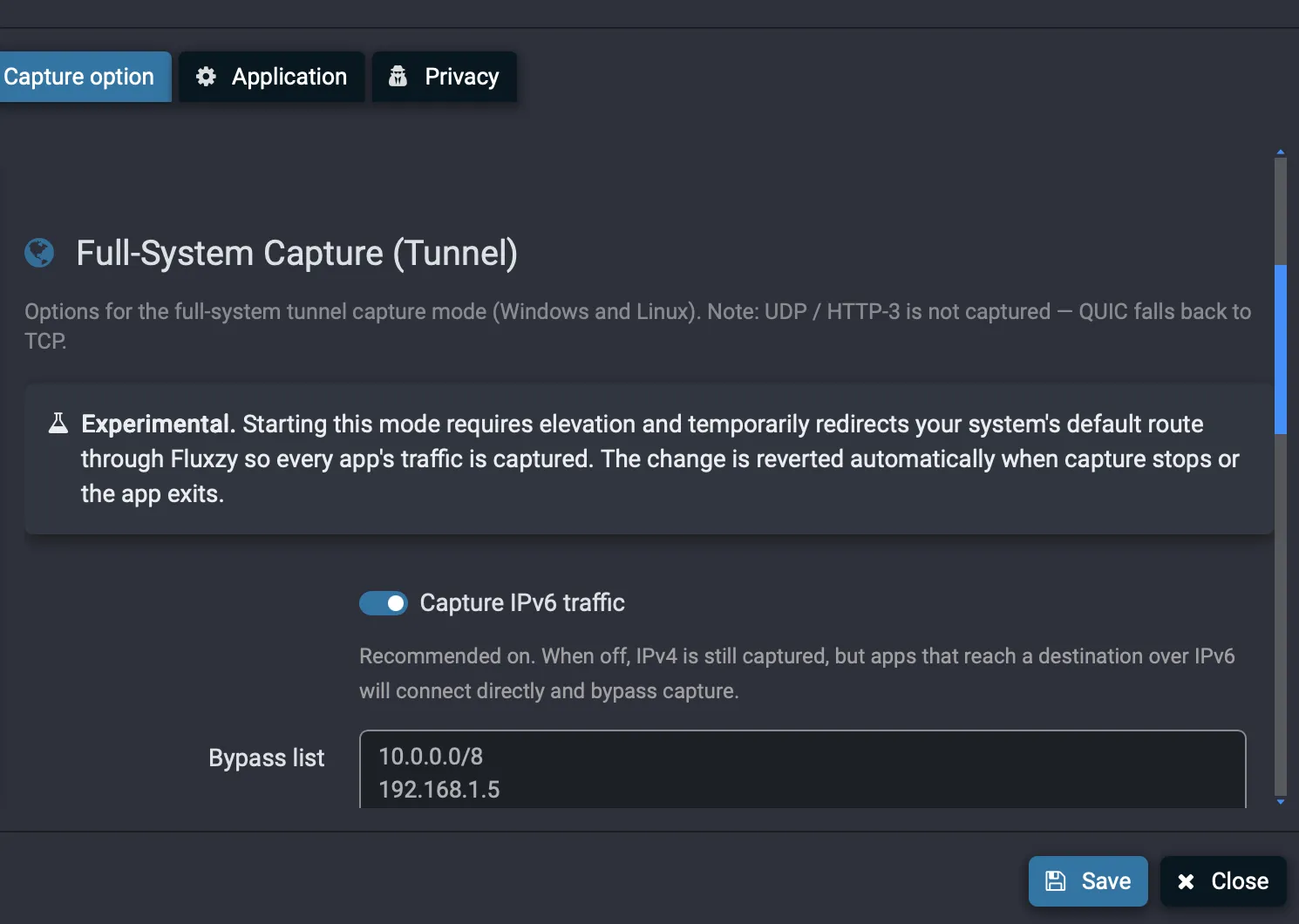 Fluxzy Full-System Capture (Tunnel) settings